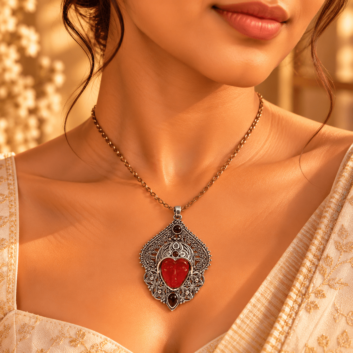 Dije de Bronce Plateado Devi Raksha con Rostro Tallado en Piedra Roja - BOUTIQUEDELAINDIA