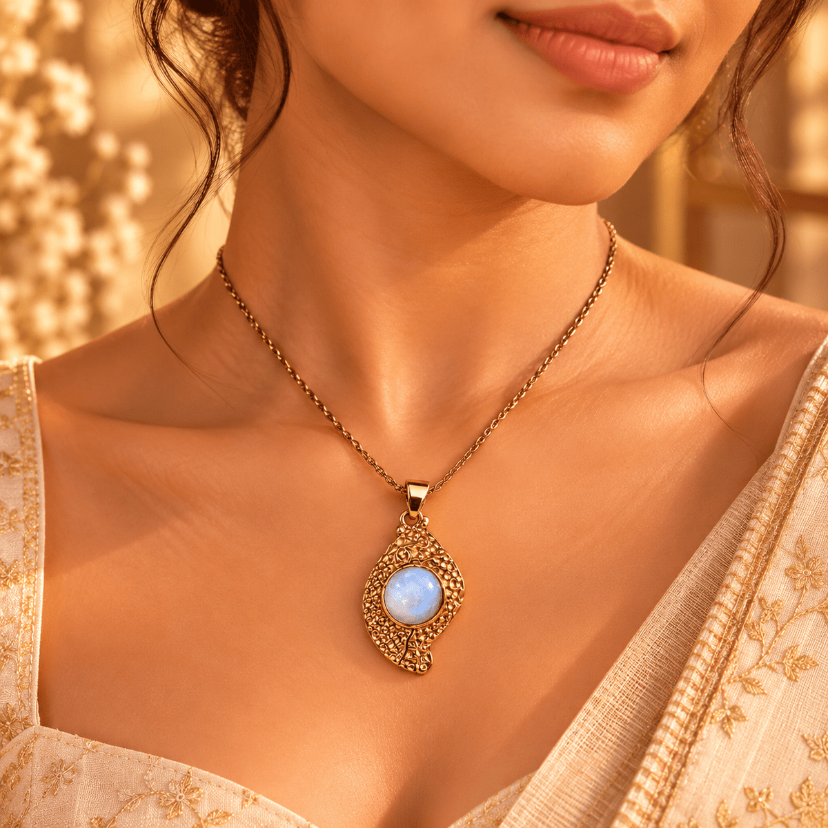 Dije Amrit con Piedra Blanca en Bronce Dorado de Inspiración India - BOUTIQUEDELAINDIA
