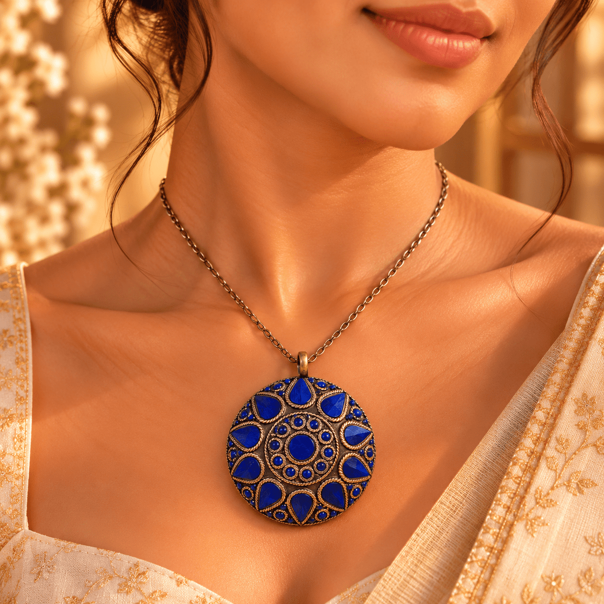 Dije Mandala Azul Zafiro en Alpaca de Inspiración India - BOUTIQUEDELAINDIA