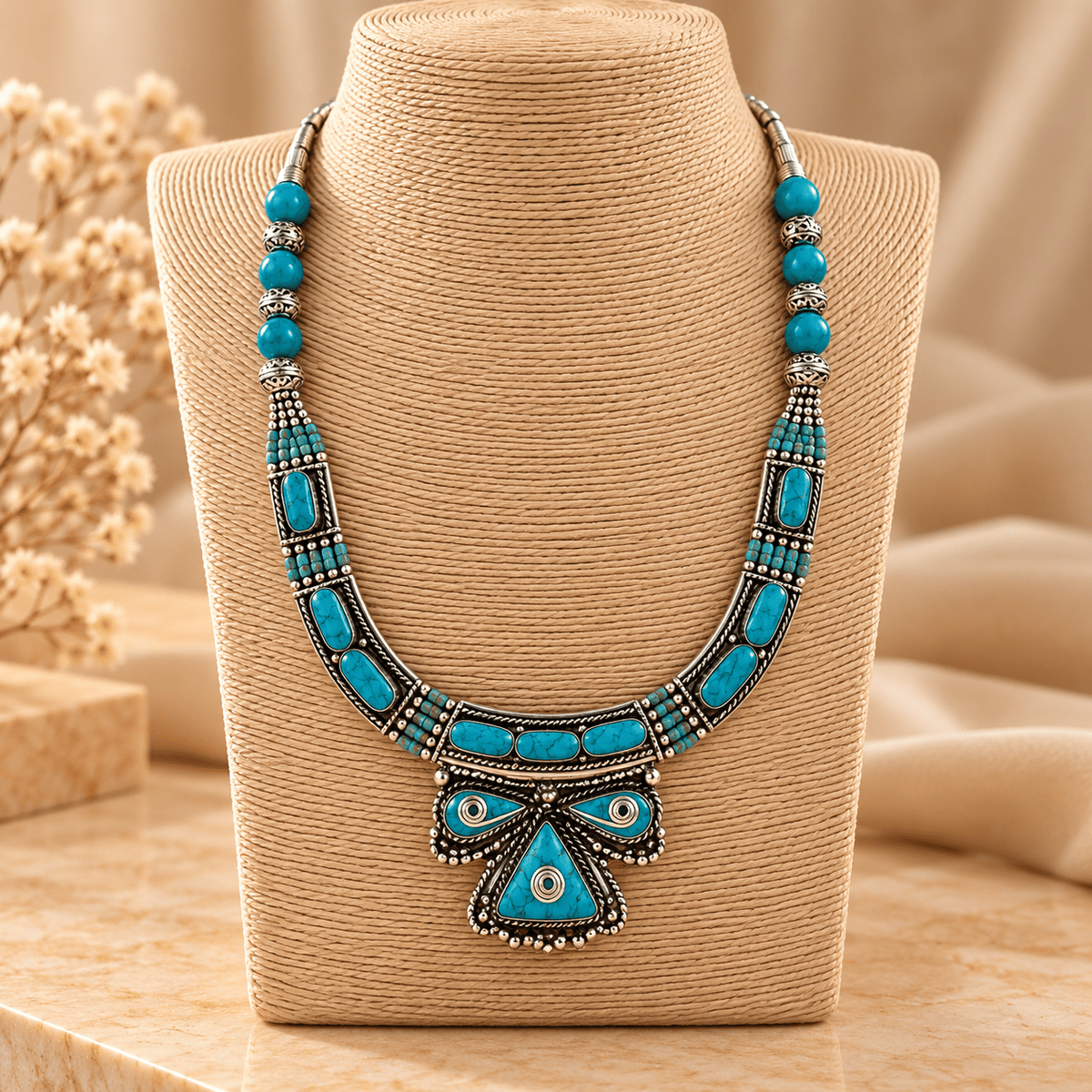 Collar Mariposa Nandini en Bronce con Piedras Naturales Turquesas - BOUTIQUEDELAINDIA