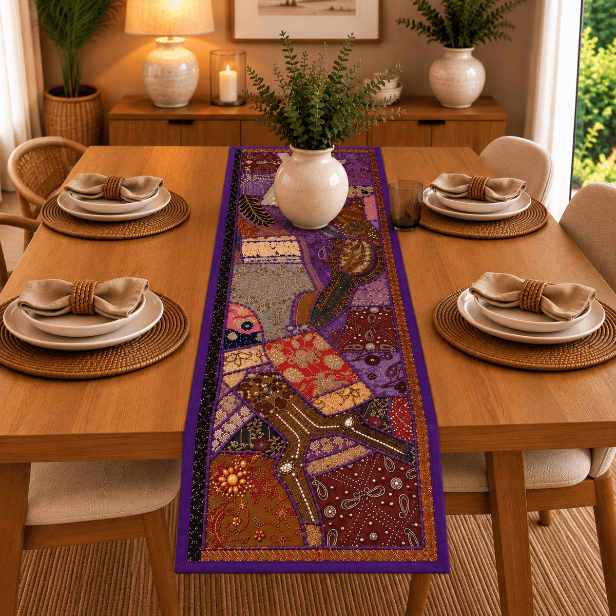Camino de Mesa Morado con Bordados Tradicionales - BOUTIQUEDELAINDIA