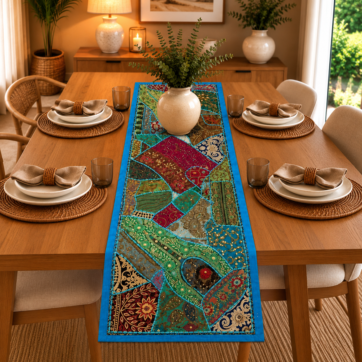Centro de Mesa Decorativo Turquesa con Bordado Artesanal - BOUTIQUEDELAINDIA