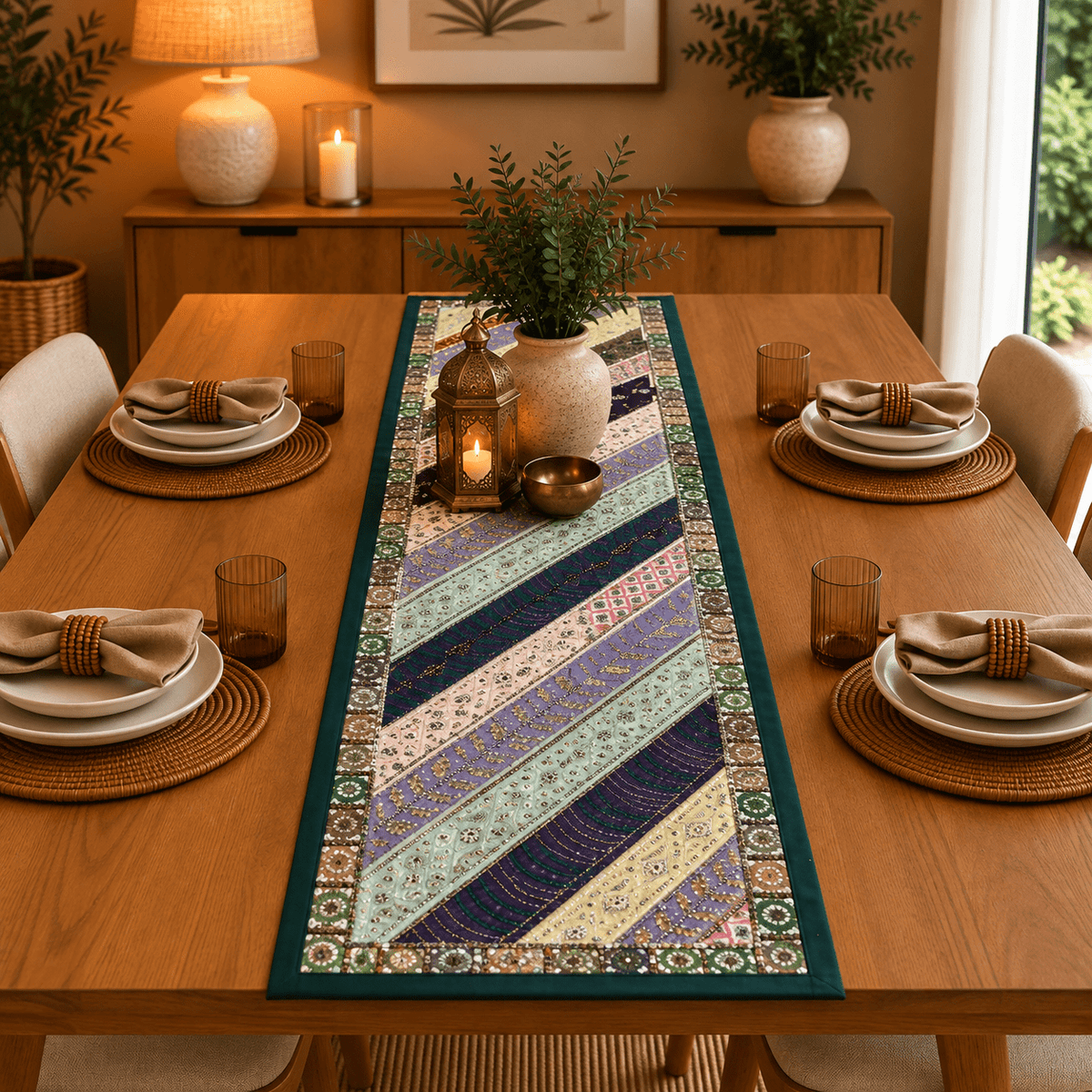Camino de Mesa Lavanda con Bordados Inspirados en la India - BOUTIQUEDELAINDIA