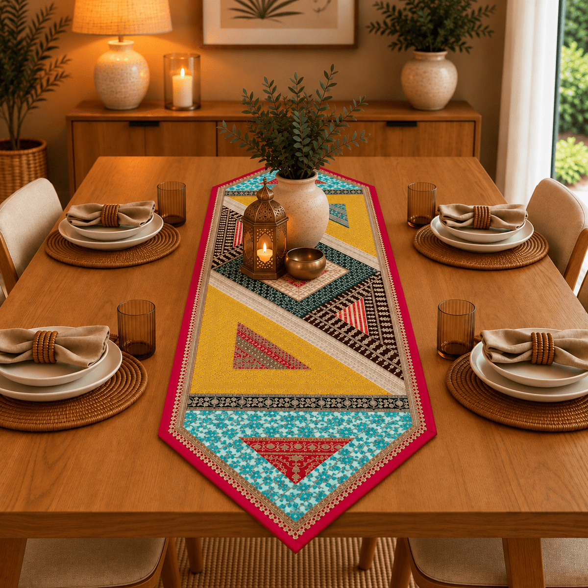 Camino de Mesa Hindú Artesanal Mostaza y Turquesa - BOUTIQUEDELAINDIA