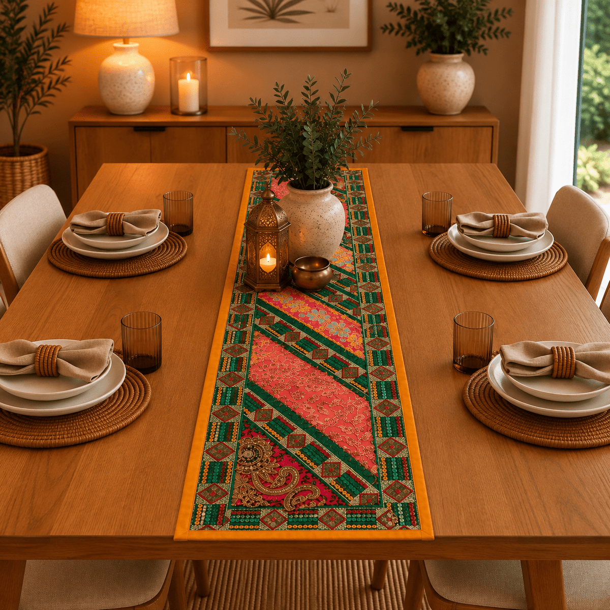 Camino de Mesa Patchwork Oriental Rosa y Verde - BOUTIQUEDELAINDIA