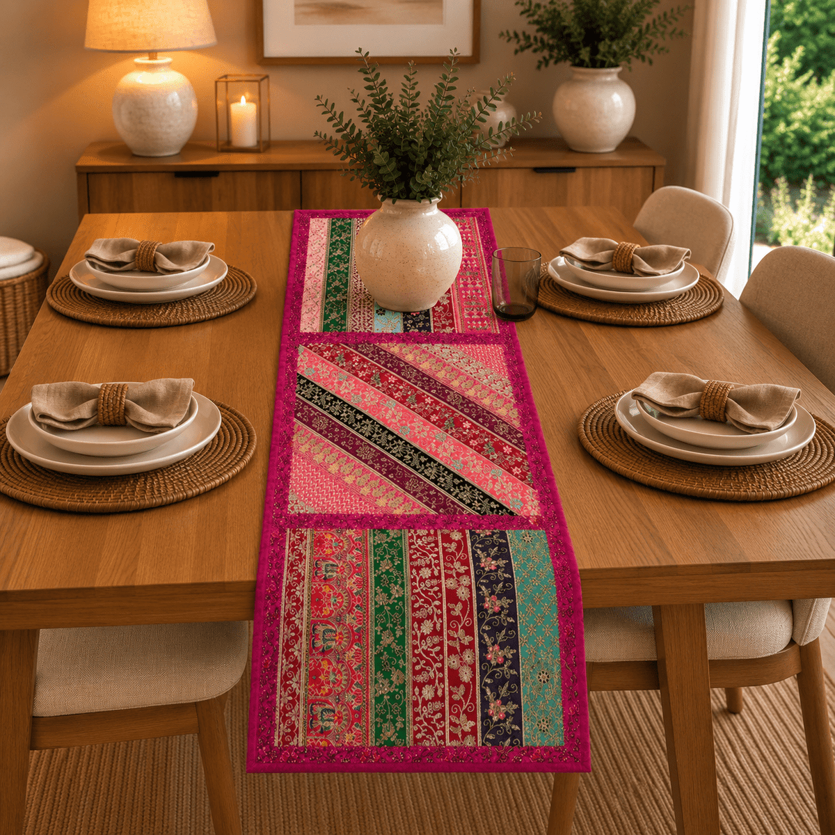 Camino de Mesa Fucsia con Bordados Multicolor y Diseño Tradicional - BOUTIQUEDELAINDIA