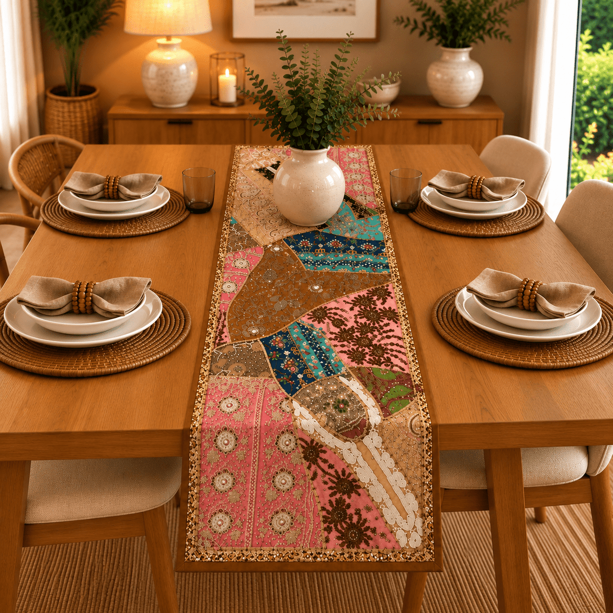 Camino de Mesa Patchwork Artesanal en Tonos Pastel - BOUTIQUEDELAINDIA