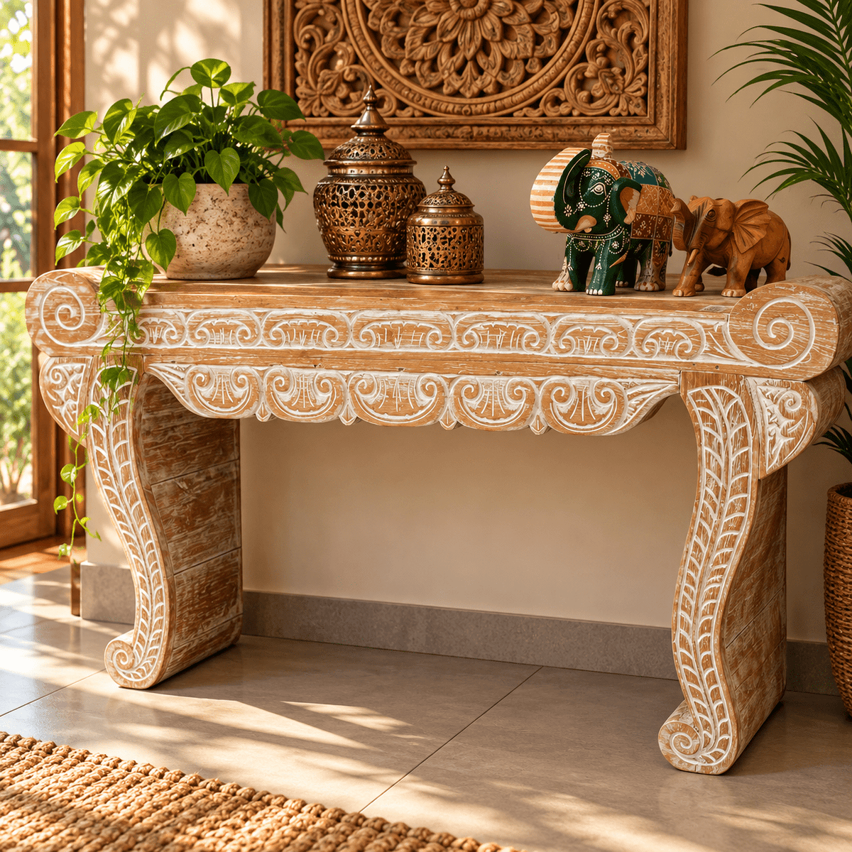 Consola Oriental de Madera Tallada con Espirales Artesanales - MD - BOUTIQUEDELAINDIA