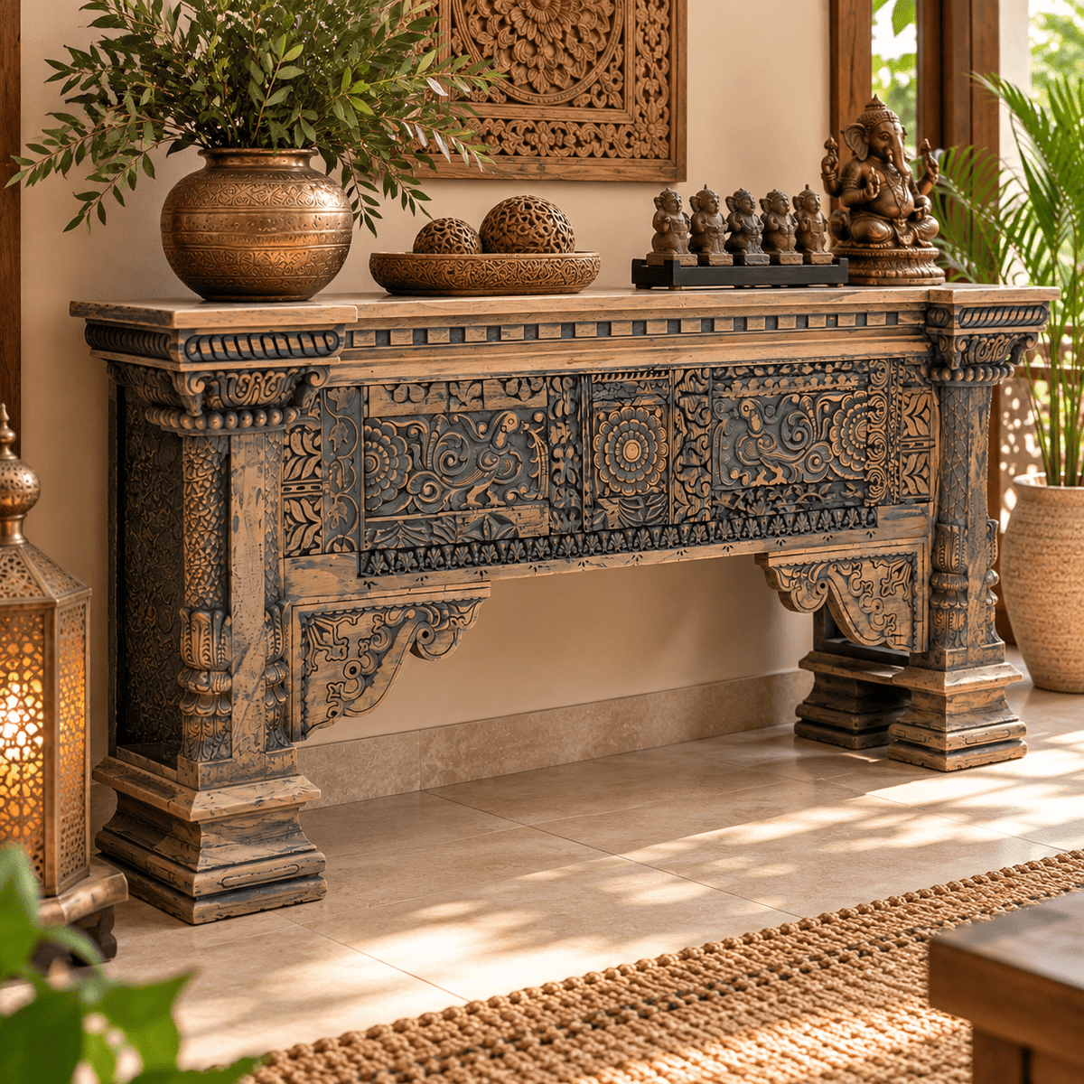 Consola Imperial de Madera Tallada con Columnas y Relieves - MD - BOUTIQUEDELAINDIA
