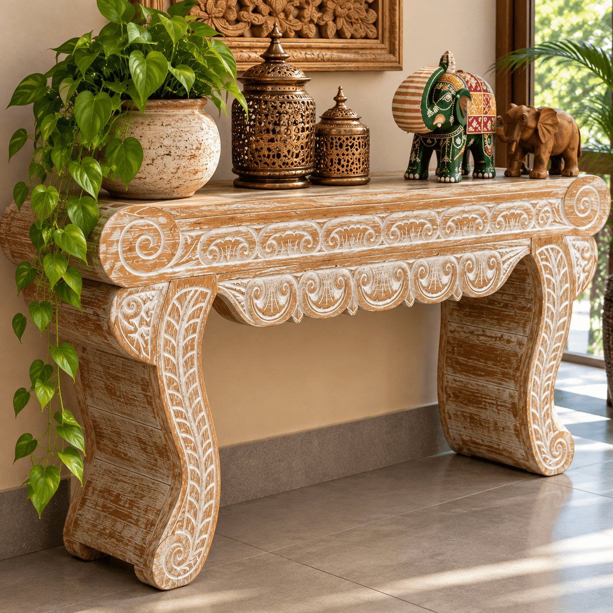 Consola Oriental de Madera Tallada con Espirales Artesanales - MD - BOUTIQUEDELAINDIA