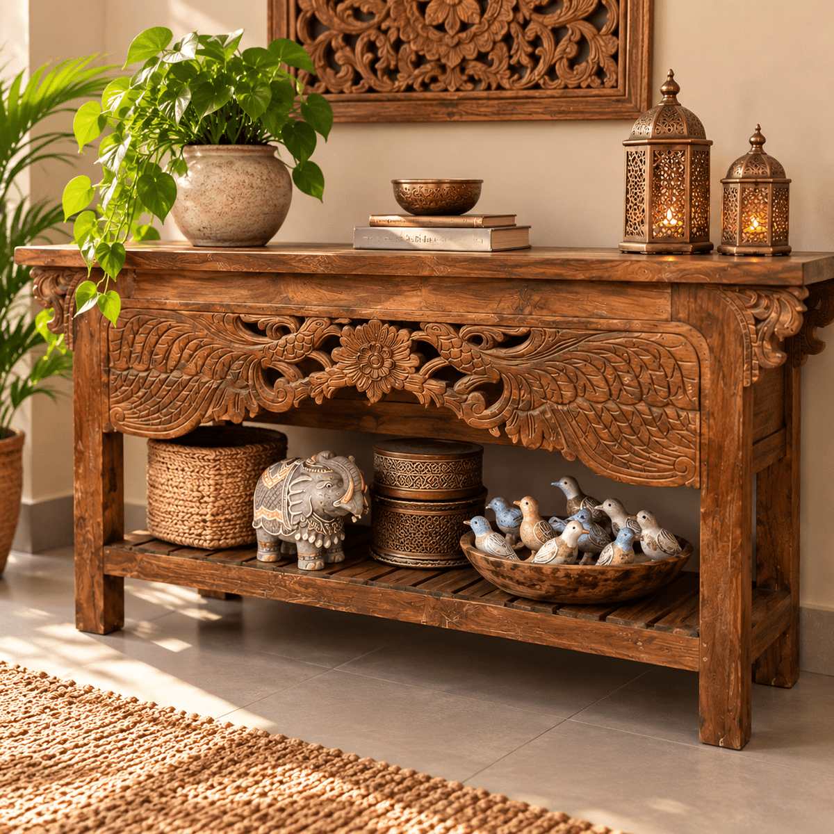 Consola Oriental de Madera Tallada con Diseño Floral y Aves - MD - BOUTIQUEDELAINDIA