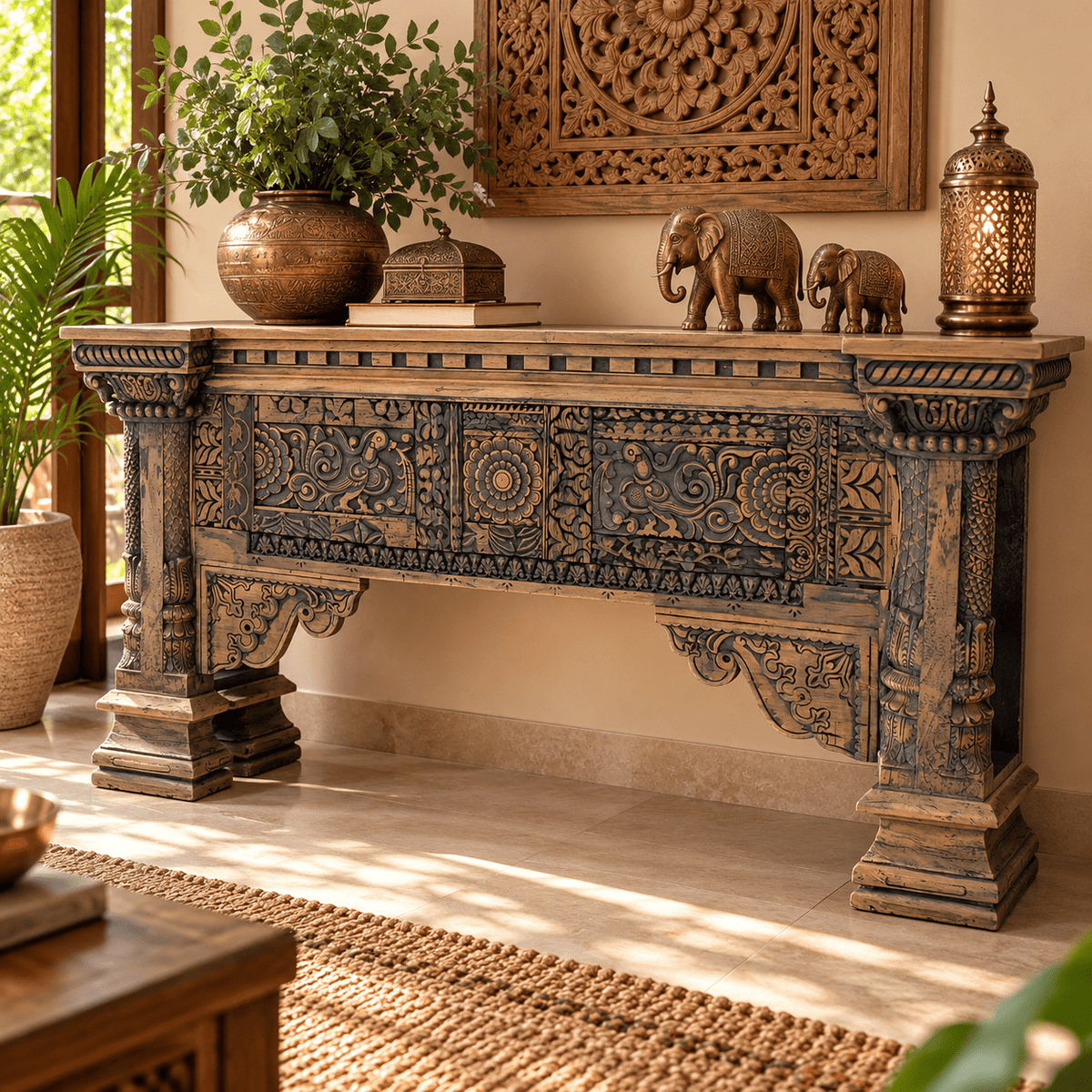 Consola Imperial de Madera Tallada con Columnas y Relieves - MD - BOUTIQUEDELAINDIA