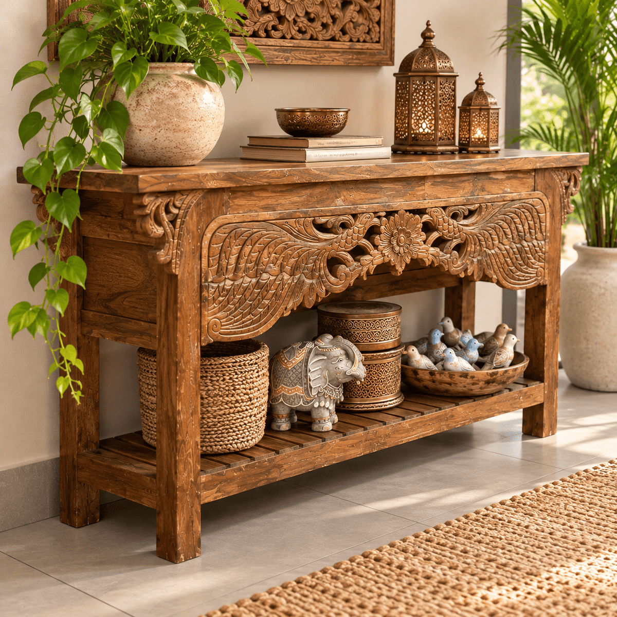 Consola Oriental de Madera Tallada con Diseño Floral y Aves - MD - BOUTIQUEDELAINDIA