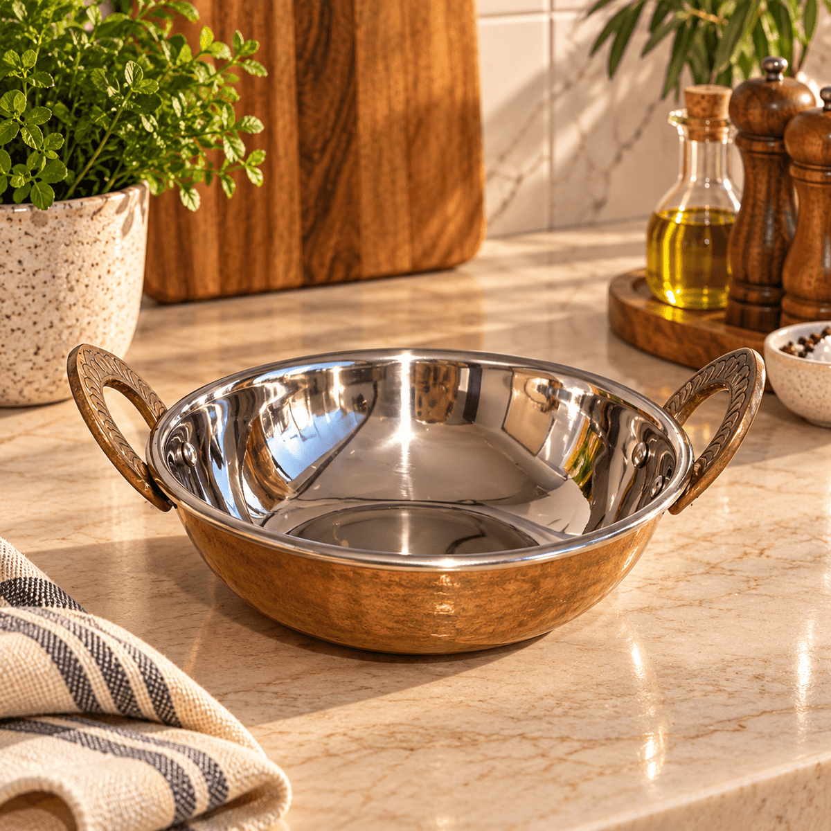 Karahi Tradicional de la India Kavya en Cobre y Acero - BOUTIQUEDELAINDIA