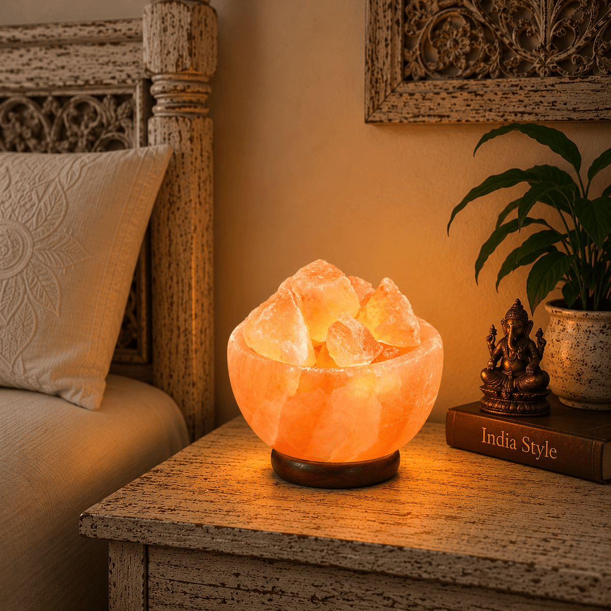 Lámpara de Sal del Himalaya en Cuenco con Cristales Naturales - BOUTIQUEDELAINDIA