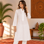 Kurta Larga Blanca para Mujer Anaya con Bordado Artesanal KM - BOUTIQUEDELAINDIA