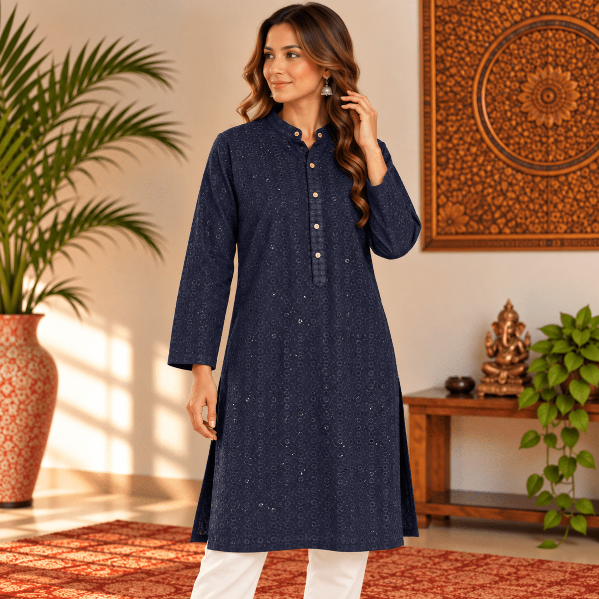 Kurta Larga Azul Marino para Mujer con Bordado Ornamental KM - BOUTIQUEDELAINDIA