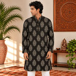 Kurta Larga para Hombre Kiran con Estampado Floral Dorado KH - BOUTIQUEDELAINDIA