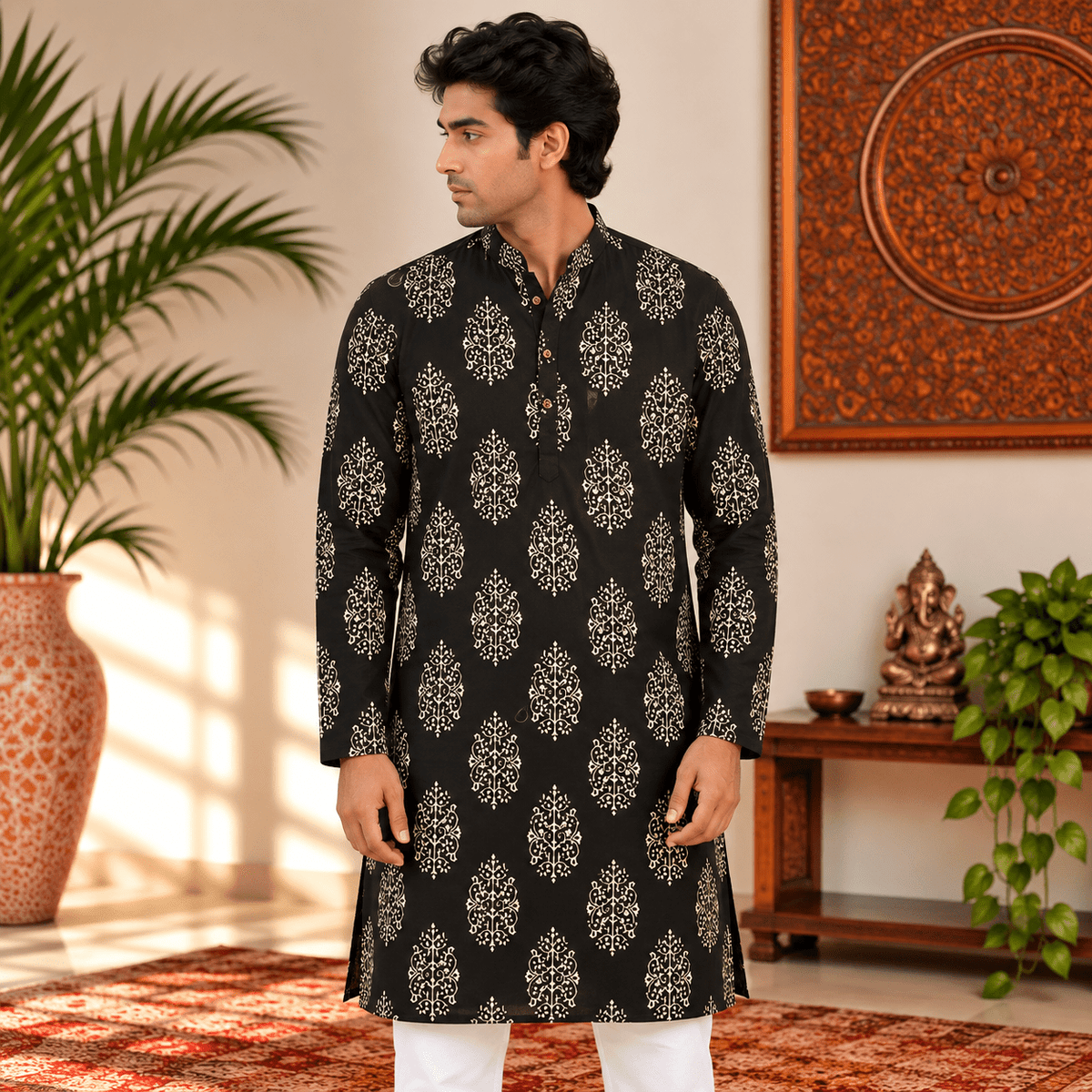 Kurta Larga para Hombre Kiran con Estampado Floral Dorado KH - BOUTIQUEDELAINDIA