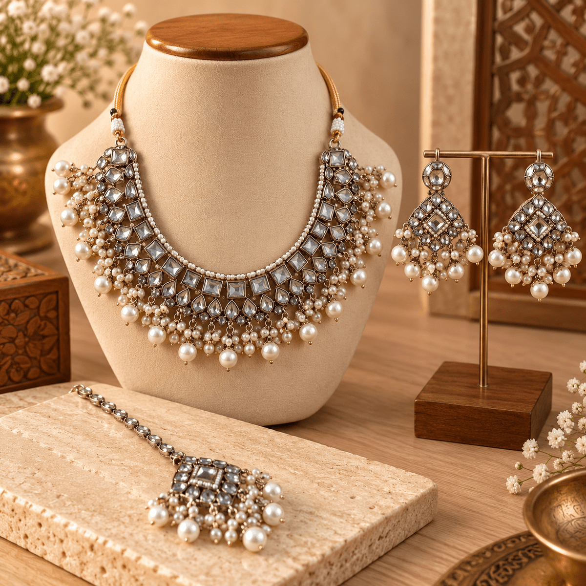 Conjunto de Joyería con Cristales y Perlas Blancas - BOUTIQUEDELAINDIA