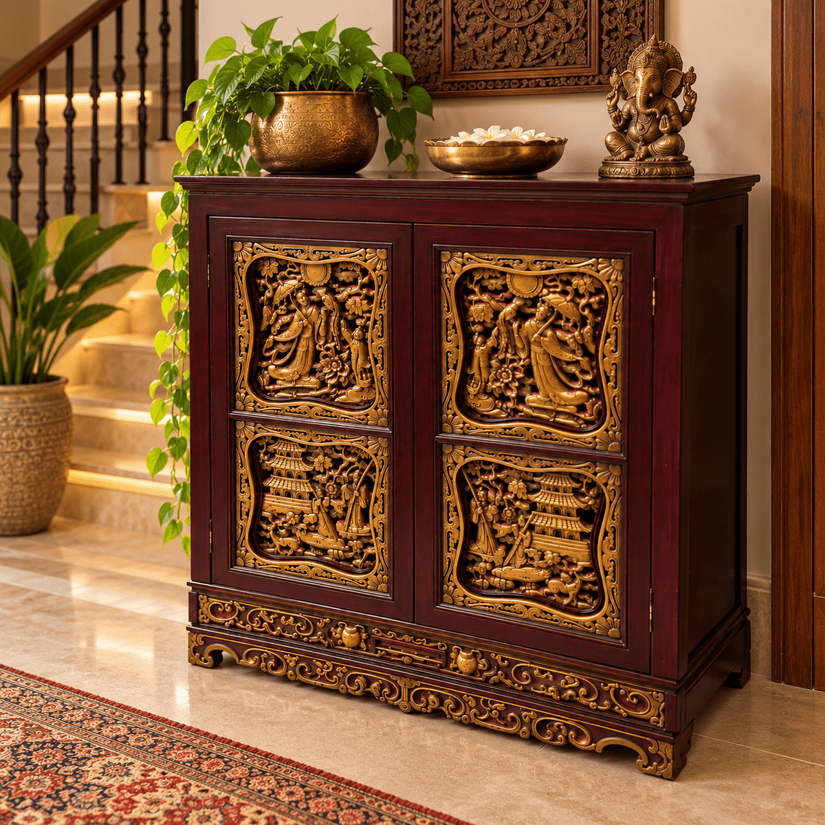 Gabinete Oriental de Madera con Relieves Dorados de Arte Asiático - MD - BOUTIQUEDELAINDIA