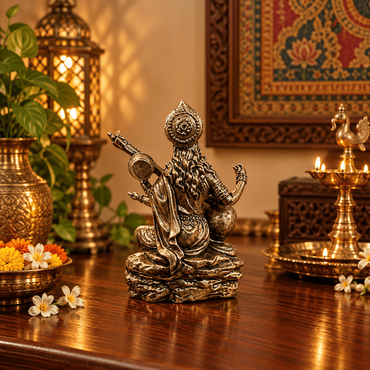 Figura Decorativa Diosa Saraswati de Bronce Vidya con Veena – Sabiduría, Arte y Conocimiento - BOUTIQUEDELAINDIA