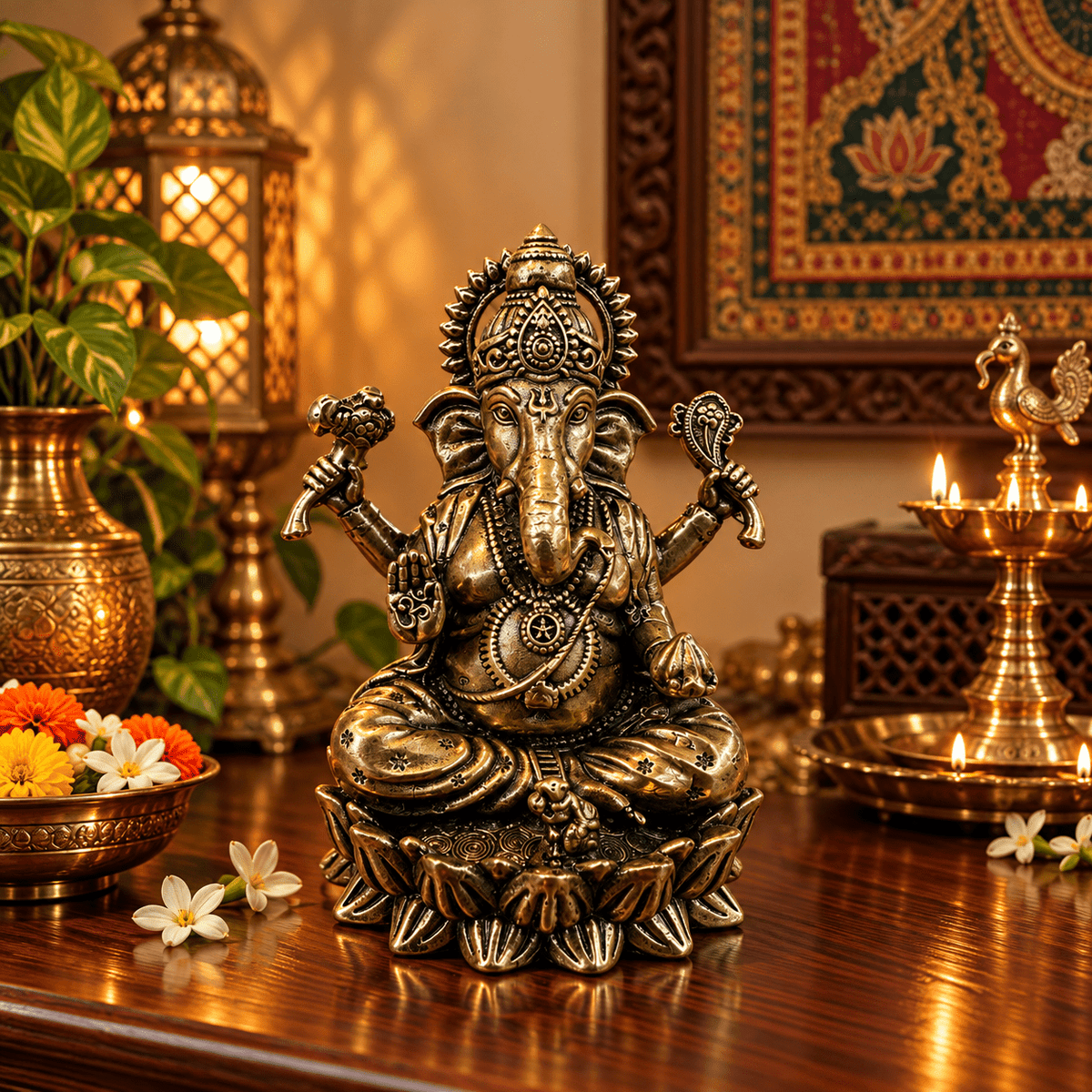 Figura Decorativa Ganesha de Bronce con Base de Loto – Sabiduría y Prosperidad - BOUTIQUEDELAINDIA