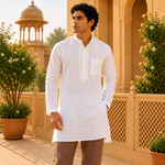 Kurta Corta Aarav Blanca de Algodón para Hombre - BOUTIQUEDELAINDIA