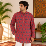 Kurta Corta Roja para Hombre con Estampado Floral Indio KH - BOUTIQUEDELAINDIA