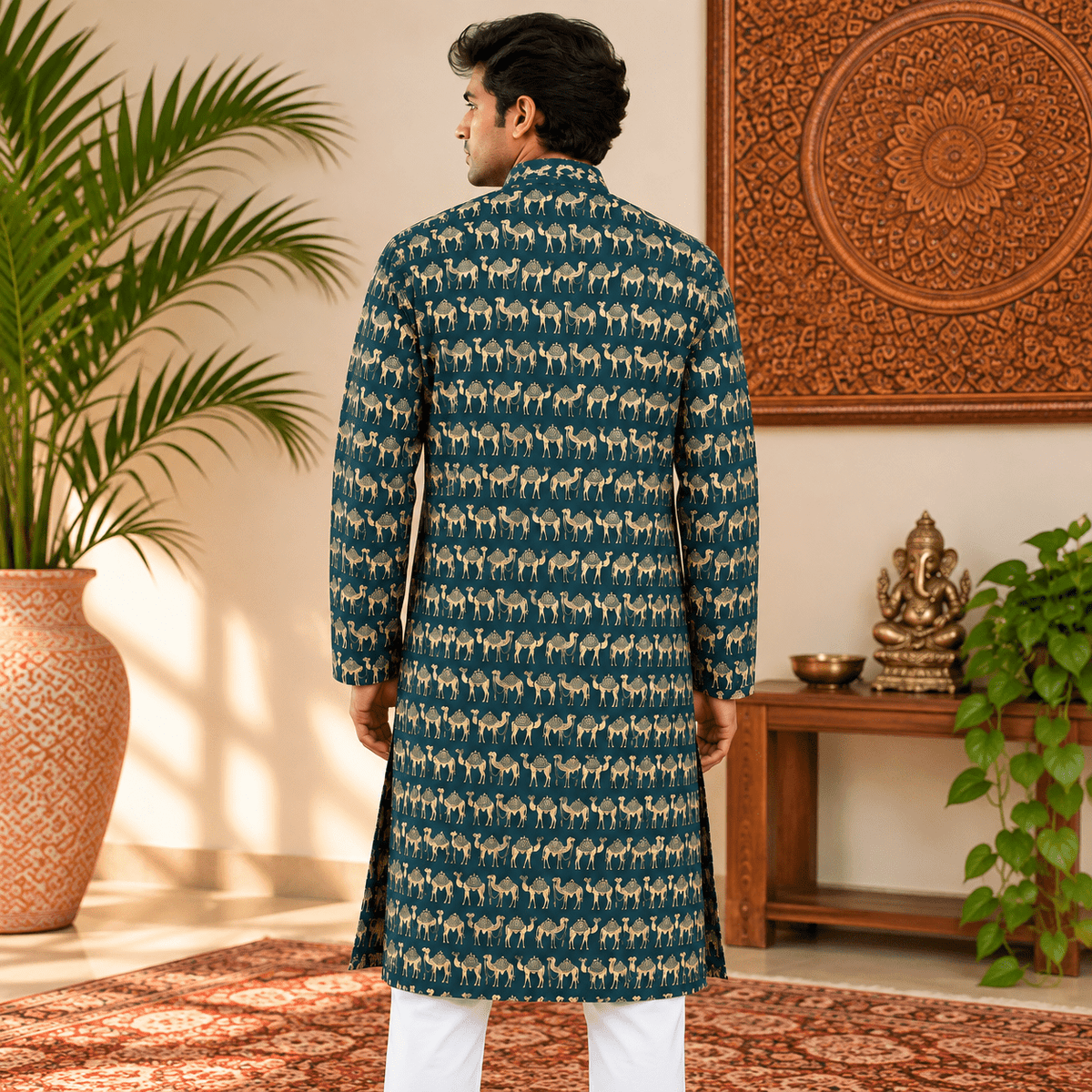 Kurta Larga para Hombre Zahir con Estampado de Camellos KH - BOUTIQUEDELAINDIA