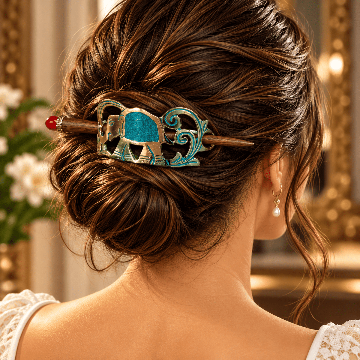 Pasador para Cabello Elefante Turquesa Amara en Bronce - BOUTIQUEDELAINDIA