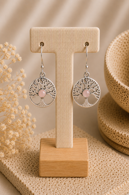 Aretes Árbol de la Vida Cuarzo Rosa