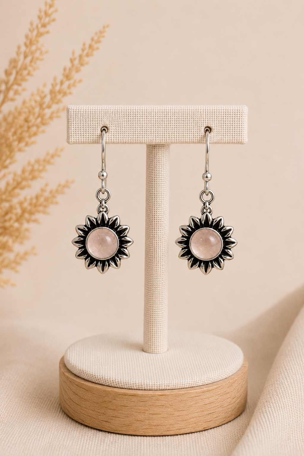 Aretes Girasol Cuarzo Rosa