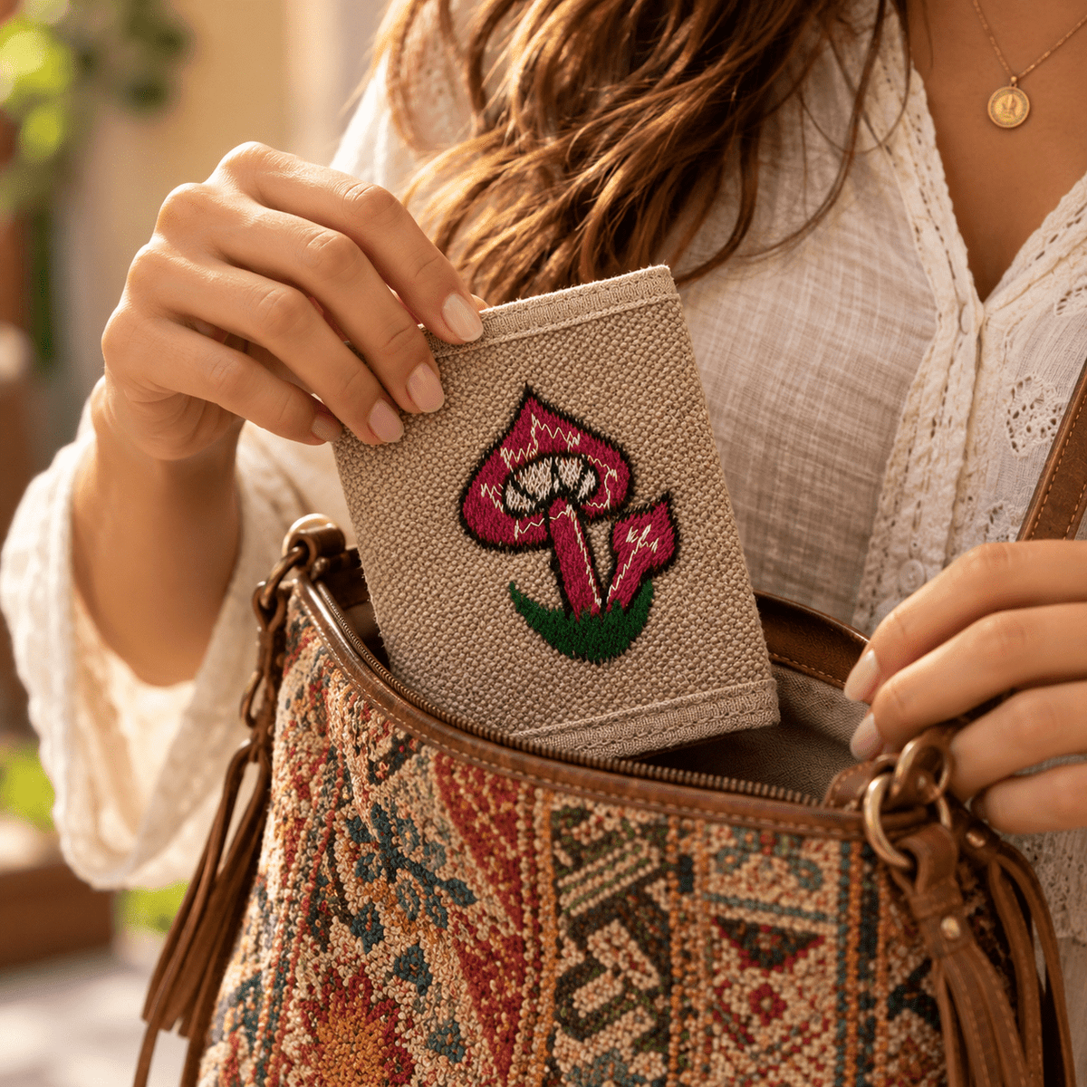 Billetera Himalaya de Hemp con Flor Fucsia Bordada - BOUTIQUEDELAINDIA