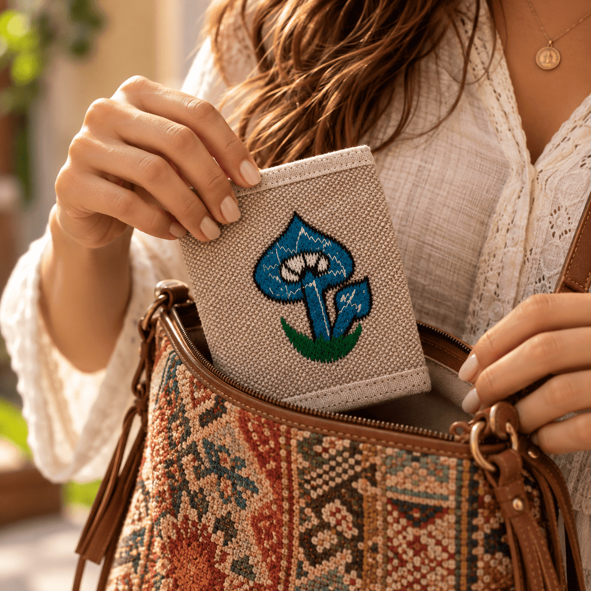 Billetera Himalaya de Hemp con Flor Azul Bordada - BOUTIQUEDELAINDIA