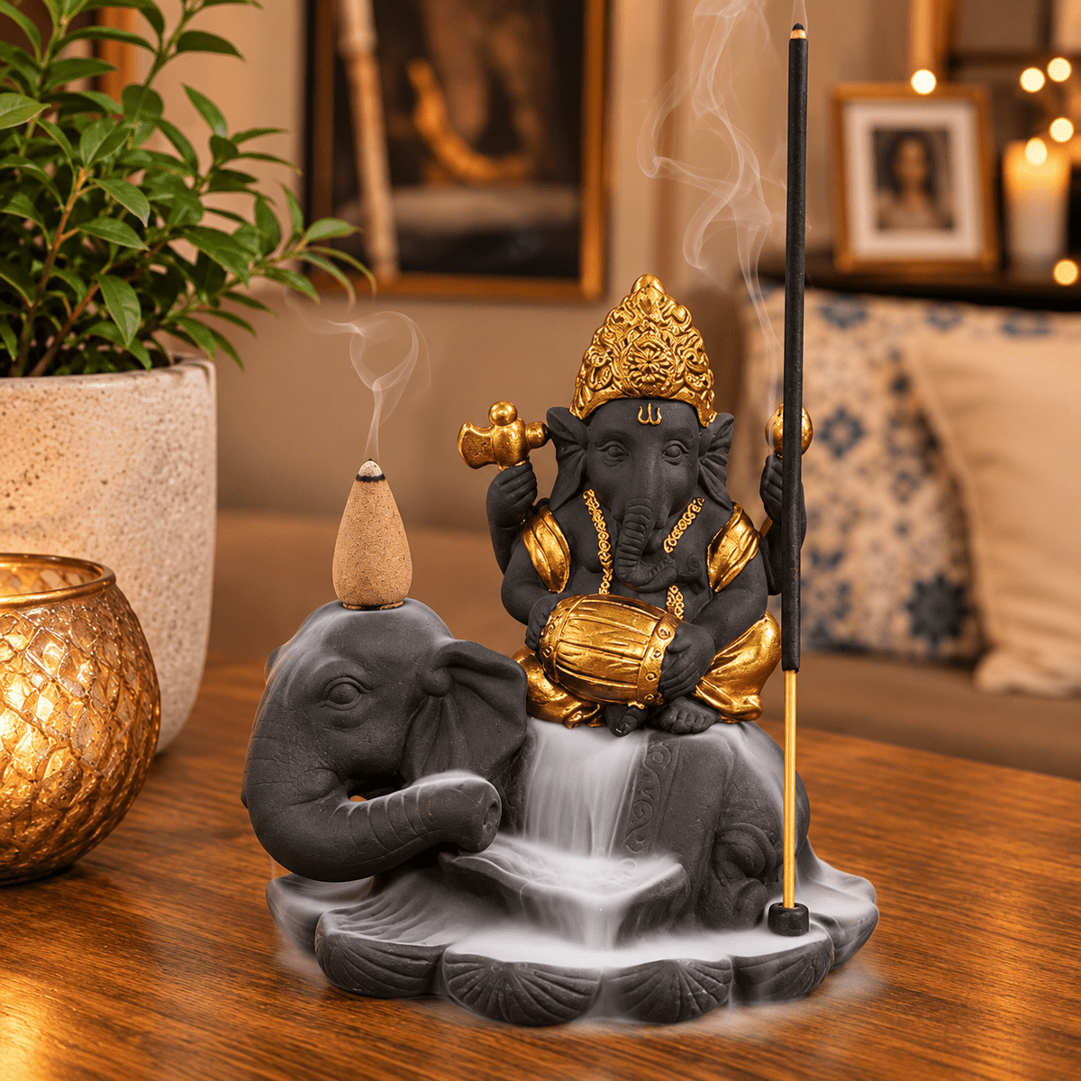 Porta Incienso Cascada Ganesha Gaja Dorado - BOUTIQUEDELAINDIA