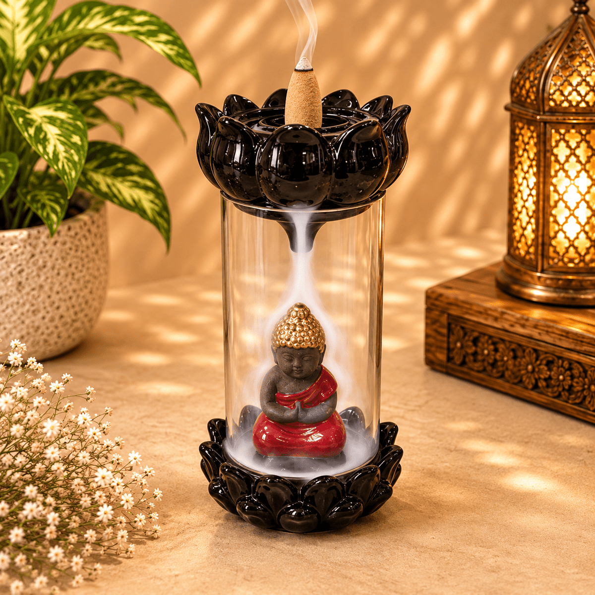 Porta Incienso de Cono con Cascada Buda Rojo - BOUTIQUEDELAINDIA