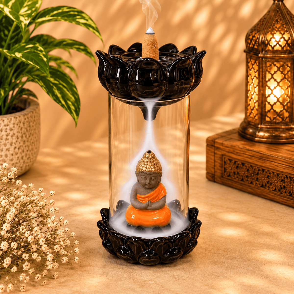 Porta Incienso de Cono con Cascada Buda Naranja - BOUTIQUEDELAINDIA