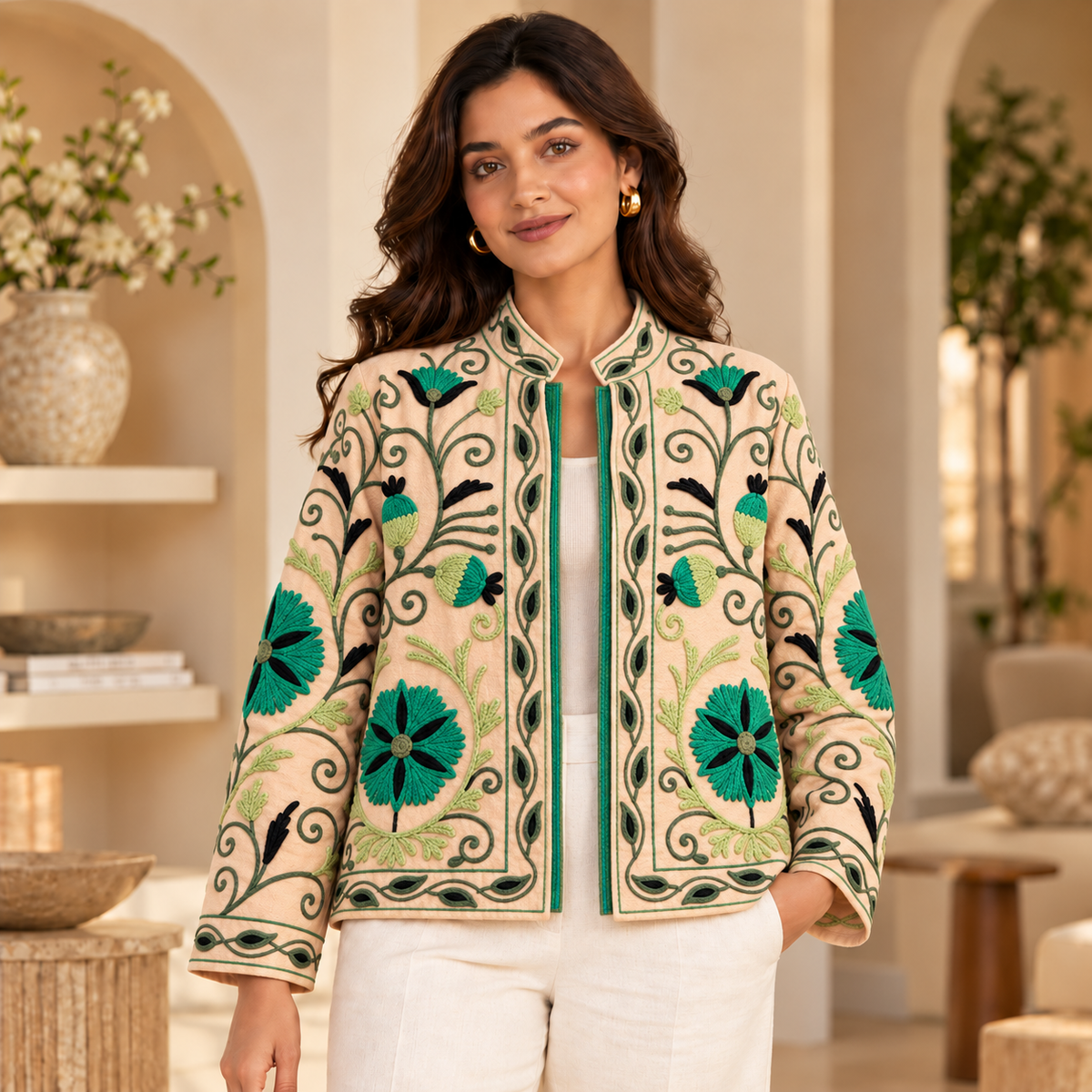 Chaqueta Anaya bordada a mano en algodón beige