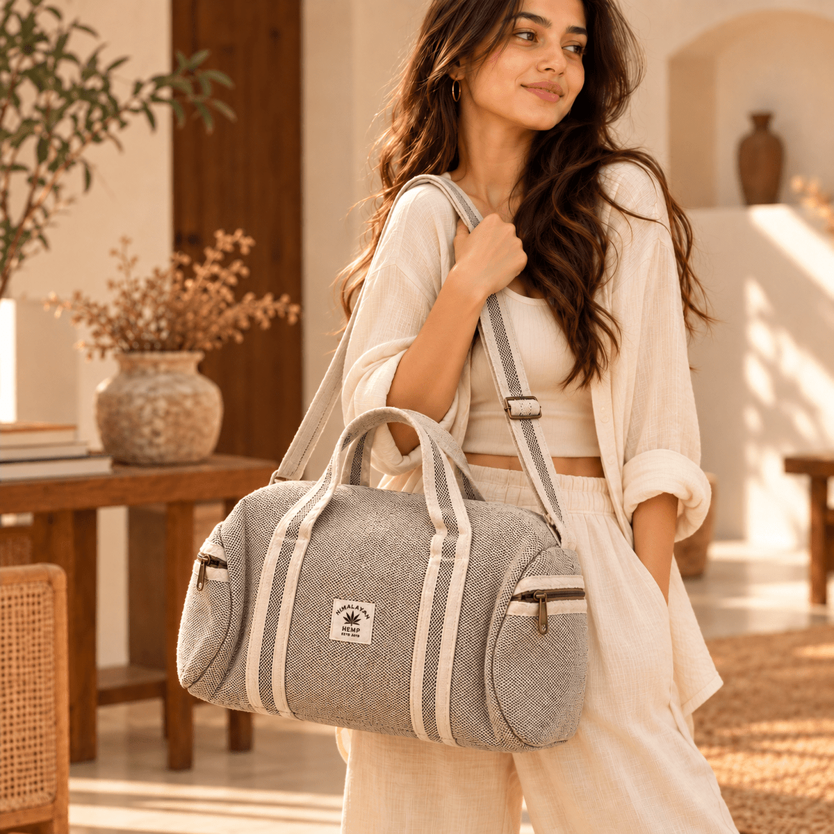 Bolso de viaje Himadri en Cáñamo con Doble Correa - BOUTIQUEDELAINDIA