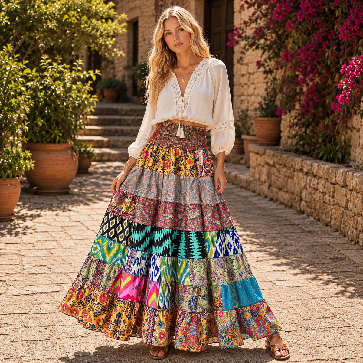 Falda Larga Prana Patchwork de Seda Oriental - BOUTIQUEDELAINDIA