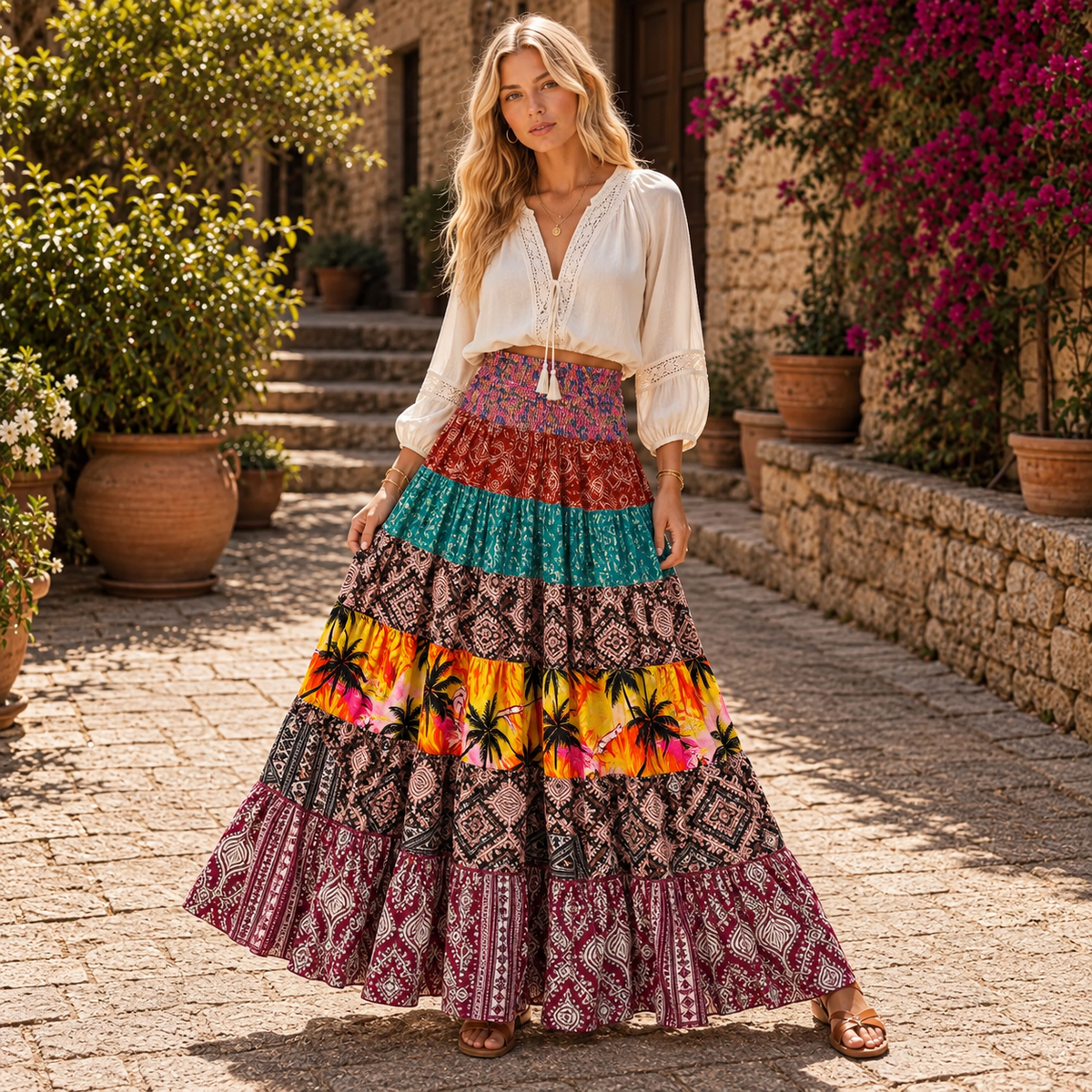 Falda Patchwork Imperial Con Palmeras Resortada - BOUTIQUEDELAINDIA