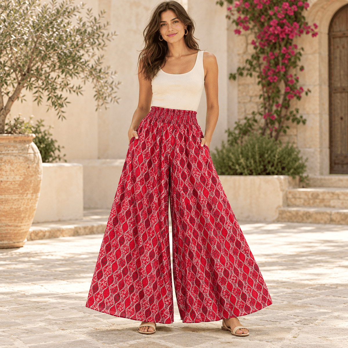 Pantalón Falda Anaya Rojo de Seda con Estampado Oriental. TRO - 18 - BOUTIQUEDELAINDIA