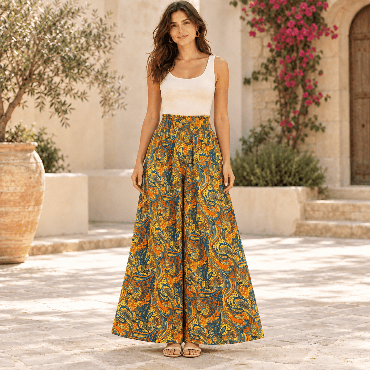 Pantalón Falda Kavya de Seda con Estampado Paisley Oriental. TRO - 18 - BOUTIQUEDELAINDIA
