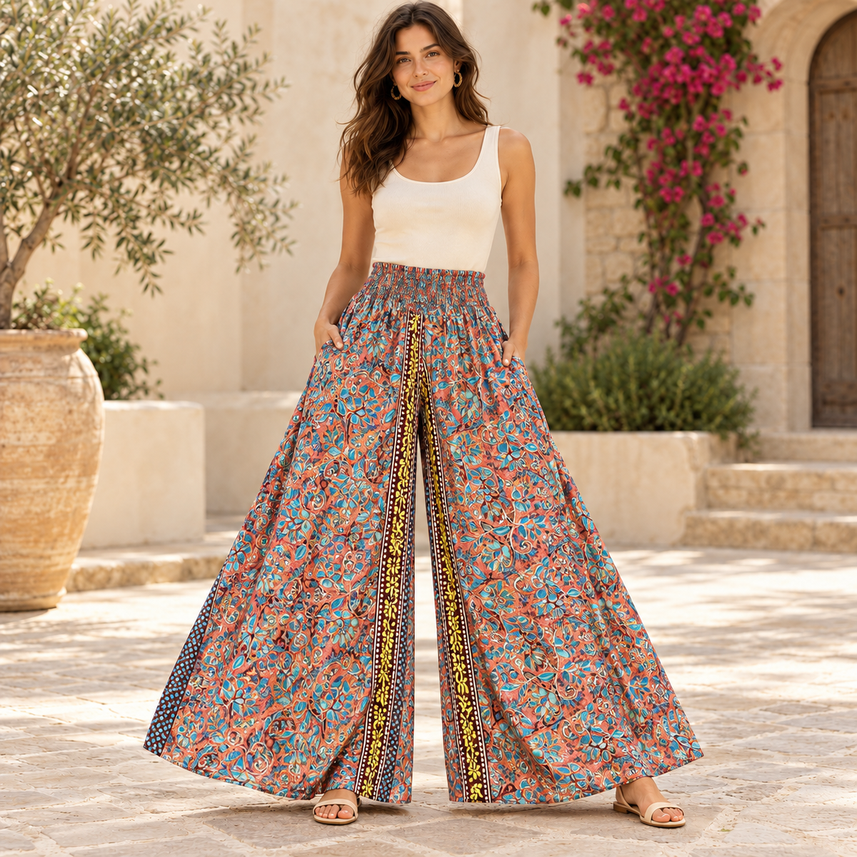 Falda Pantalón Ishani de Seda con Estampado Floral Turquesa. TRO - 18 - BOUTIQUEDELAINDIA