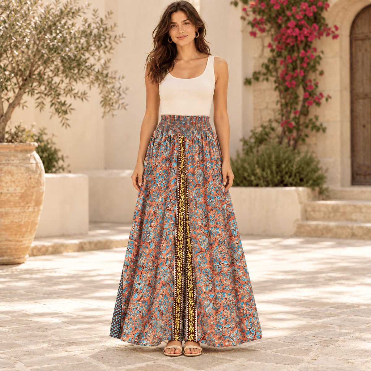 Falda Pantalón Ishani de Seda con Estampado Floral Turquesa. TRO - 18 - BOUTIQUEDELAINDIA