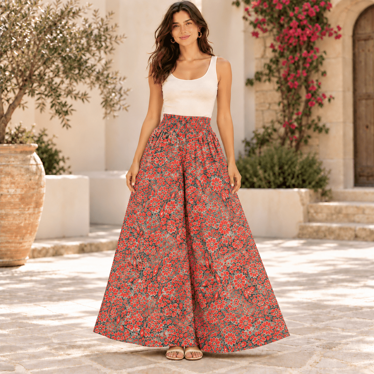 Falda Pantalón Zareen de Seda con Estampado Floral Oriental. TRO - 18 - BOUTIQUEDELAINDIA