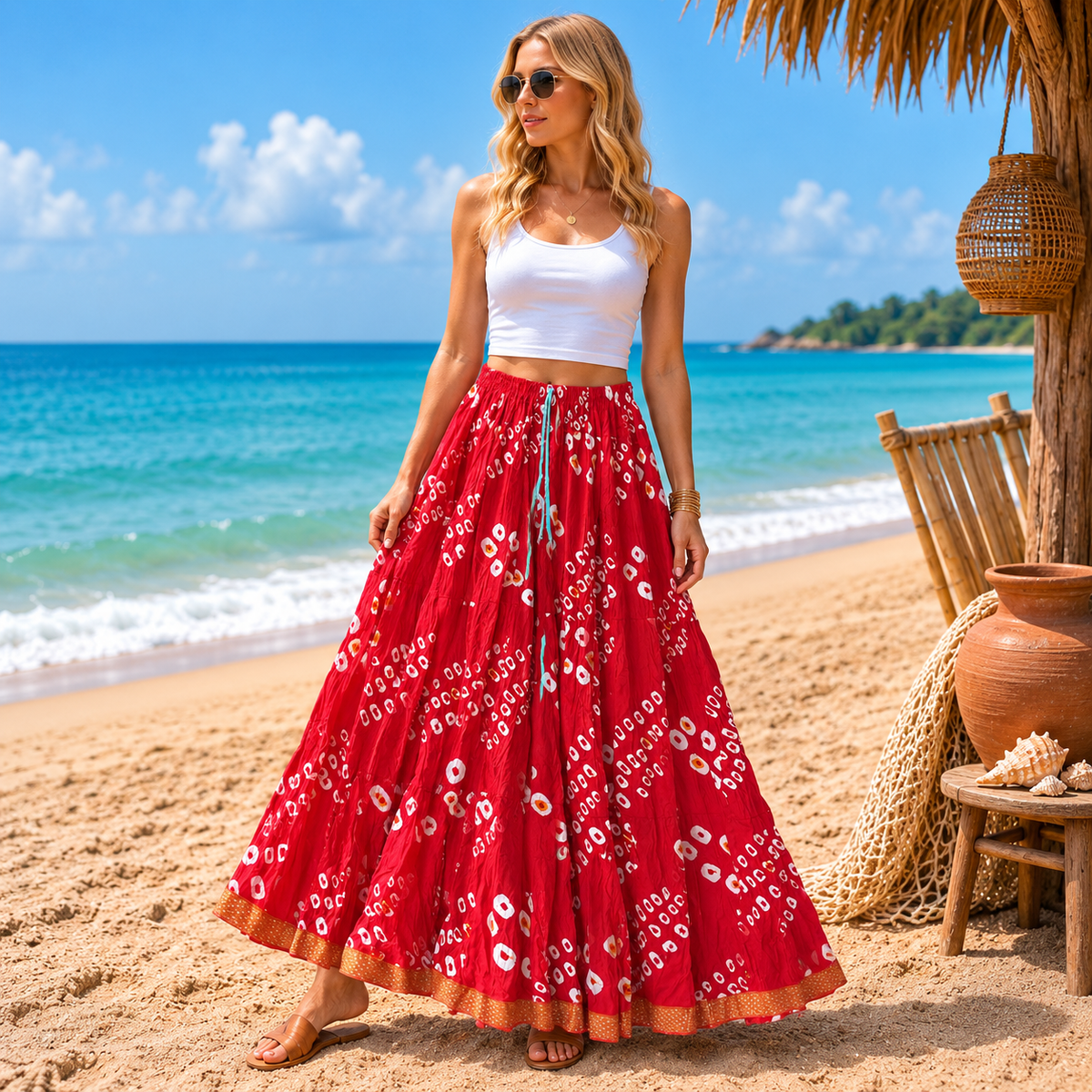 Falda Anarkali Rani Roja Estampada en Algodón - BOUTIQUEDELAINDIA