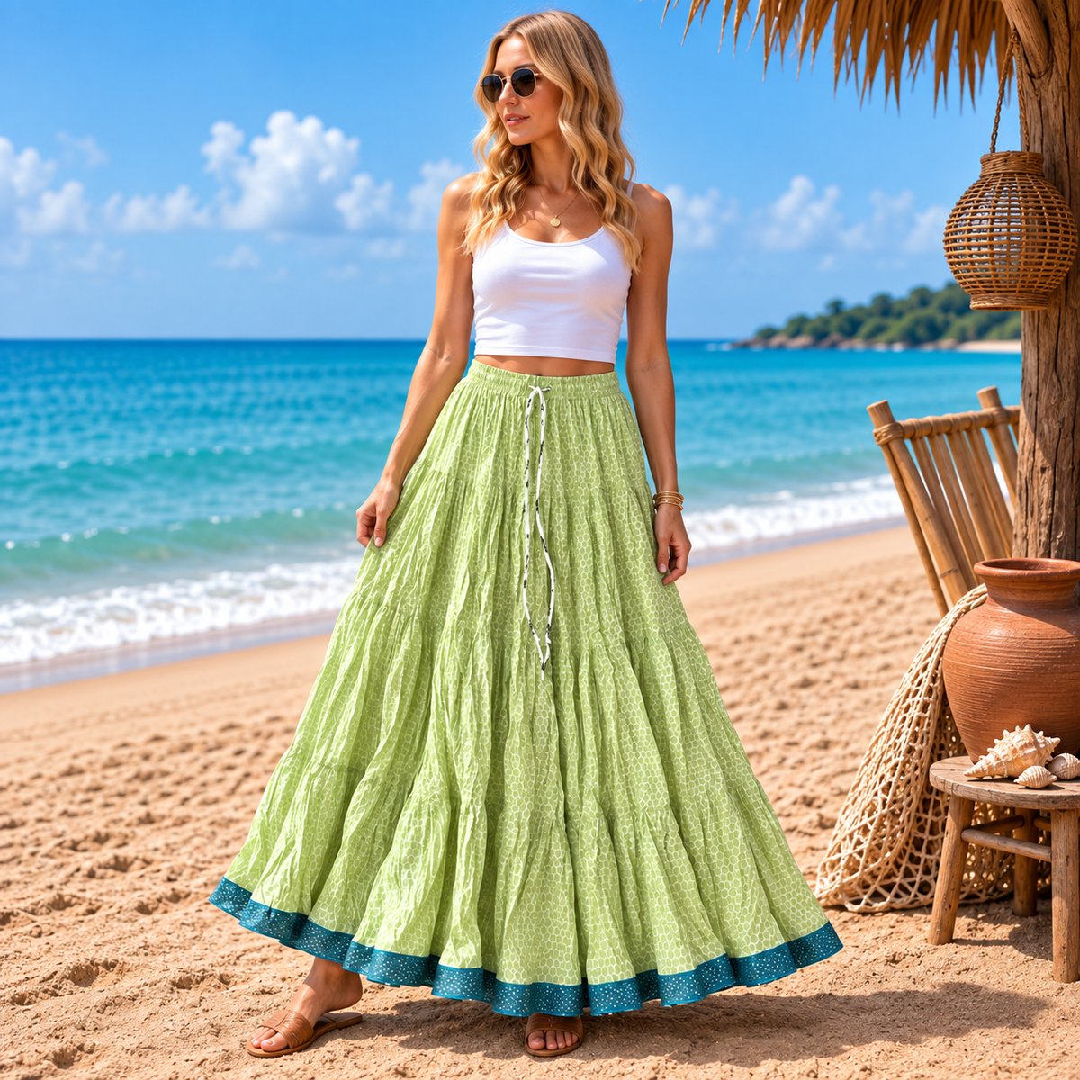 Falda Anarkali Vanya Verde con Estampado Geométrico - BOUTIQUEDELAINDIA