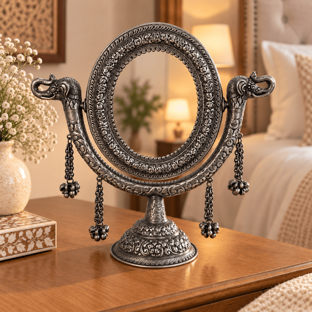 Espejo de Mesa Gajendra en Alpaca con Elefantes - BOUTIQUEDELAINDIA